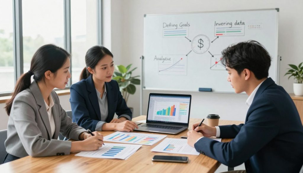 A beginner-friendly investment research process depicted in a bright, well-lit office space. In the foreground, a diverse group of three individuals, two men and one woman, are seated around a sleek wooden table. They are dressed in professional business attire, focused on discussing various financial reports and charts spread out before them. The middle ground showcases an open laptop with investment analytics displayed on the screen, alongside colorful graphs and notes. In the background, a large whiteboard with hand-drawn diagrams explaining the steps of investment research, like defining goals, gathering data, and analyzing trends, adds context to the scene. The overall atmosphere is collaborative and encouraging, with large windows allowing natural light to stream in, creating a warm and inviting environment.