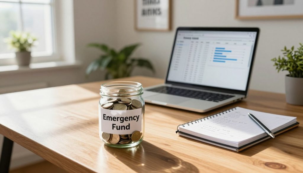 A conceptual image depicting an “emergency fund” scene in a cozy, modern home office. In the foreground, a clear glass jar filled with cash and coins labeled “Emergency Fund” sits on a stylish wooden desk, reflecting the light from a nearby window. In the middle ground, a laptop with a financial planning app open displays savings goals, alongside a notepad filled with handwritten notes. In the background, a motivational quote on a wall art piece, surrounded by green plants for a refreshing atmosphere. Soft natural lighting streams in from the window, creating a warm and inviting mood, with a focus on clarity and organization. The angle is slightly from above, capturing the desk and its elements in detail, emphasizing the practicality of financial preparedness.