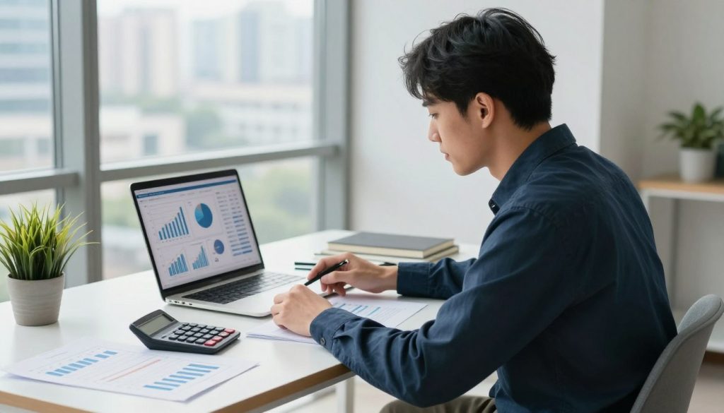 A focused, professional scene showcasing an individual analyzing investment options with limited funds. In the foreground, a young adult, dressed in smart casual attire, is seated at a modern desk cluttered with charts, a calculator, and financial documents. The middle of the image features a laptop displaying graphs and budgeting tools, with a small plant adding a touch of warmth. In the background, a large window reveals a cityscape, casting soft, natural light into the room, enhancing the atmosphere of concentration and optimism. The overall mood is one of determination and thoughtful planning, symbolizing the strategic approach to investing on a budget.