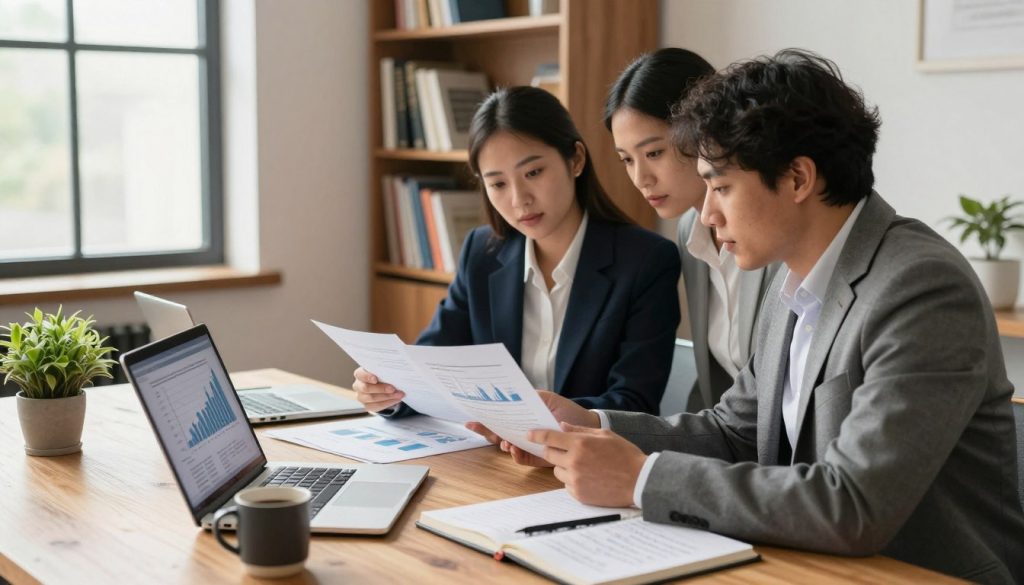 A focused, well-lit workspace featuring a diverse group of three professionals—one woman and two men—in business attire, attentively examining documents and data on investment research. The foreground showcases an open laptop displaying charts and graphs, along with notebooks filled with handwritten notes. In the middle, a large wooden table is cluttered with books on finance and market analysis, a coffee mug, and a potted plant for a touch of greenery. The background includes a bookshelf filled with investment literature and a large window with natural light streaming in, casting soft shadows that create a warm and inviting atmosphere. The scene conveys a sense of collaboration and a serious approach to finding reliable sources of investment information, perfect for beginners.