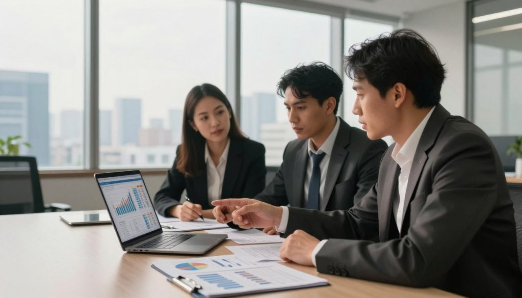 A modern office setting with a diverse group of three professionals (two men and one woman) in business attire, intensely discussing mutual fund investments. In the foreground, a sleek table is cluttered with financial reports and a laptop displaying charts and graphs. In the middle, the individuals are engaged in conversation, pointing at data on the laptop, illustrating teamwork in investment monitoring. The background features large windows with a city skyline view, suggesting a bustling financial environment. Soft natural lighting filters through the glass, casting warm tones across the scene, enhancing a sense of collaboration and focus. The atmosphere is dynamic yet professional, reflecting the importance of effective management and monitoring of mutual fund investments.