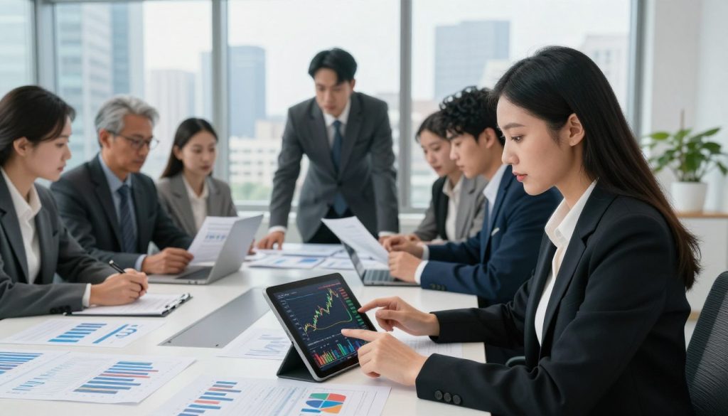 A modern office setting with a large conference table covered in financial reports, charts, and graphs depicting stock market trends. In the foreground, a professional businesswoman in a sharp blazer analyzes a stock performance chart on a tablet, her focused expression conveying determination. In the middle, a diverse group of business professionals, dressed in formal attire, engages in discussion around the table, examining industry analysis documents. The background features a large window with a city skyline view, indicating a bustling financial capital. Soft, natural lighting streams in, creating a bright and optimistic atmosphere, while the composition highlights collaboration and strategic thinking in stock investment research.