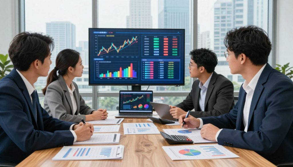 A modern office setting with a professional atmosphere, showcasing a large wooden table filled with financial statements, calculators, and a laptop displaying colorful graphs. In the foreground, a diverse group of three investors, dressed in business attire, analyze key financial ratios such as P/E ratios, debt-to-equity ratios, and return on equity. The middle ground features a digital screen with animated visuals highlighting these ratios in bright, engaging colors. The background reveals a sleek city skyline through large windows, allowing natural light to illuminate the space, creating a sense of clarity and focus. Capture the meticulous attention to detail and serious intent as the investors collaborate and discuss. The composition embodies a mood of professionalism and urgency, emphasizing the importance of understanding financial metrics in stock analysis.