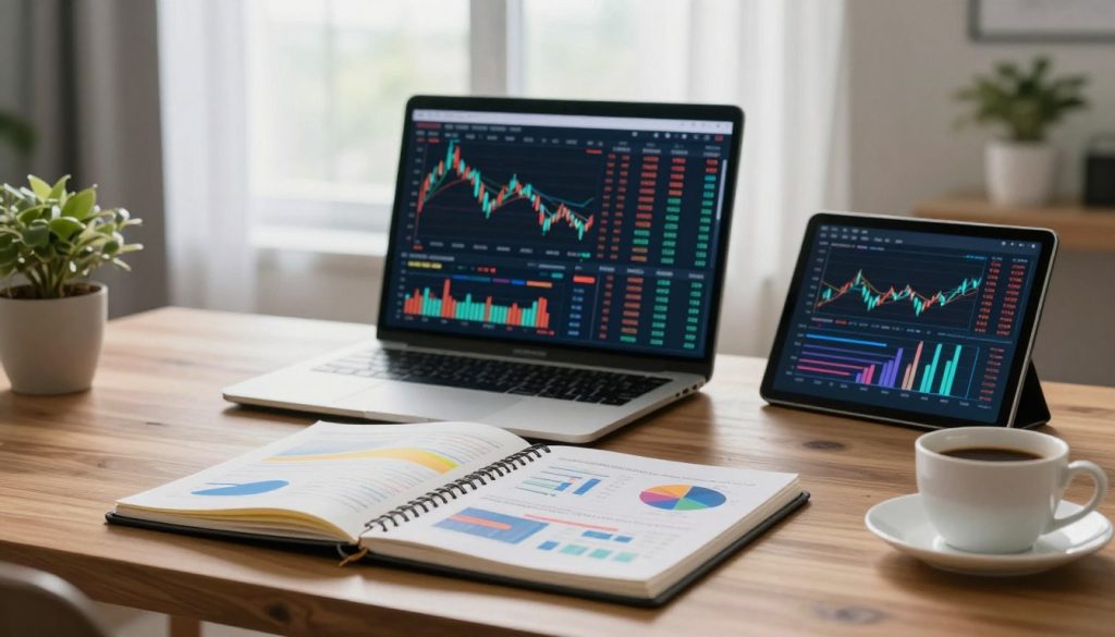 A modern, sleek stock analysis framework displayed on a wooden desk in a sophisticated office environment. In the foreground, a well-organized notebook with graphs, charts, and financial data highlighted in bright colors. In the middle ground, a laptop screen showcases a detailed stock analysis dashboard with numerical data and visualizations, alongside a digital tablet displaying comparative graphs. The background features a large window with soft natural light filtering through sheer curtains, illuminating the room and creating a calm, professional atmosphere. The setting should include subtle details such as a potted plant and a coffee cup, enhancing the ambiance. The image is set at eye level, with a focus on clarity and professionalism, evoking a sense of diligence and strategic planning.