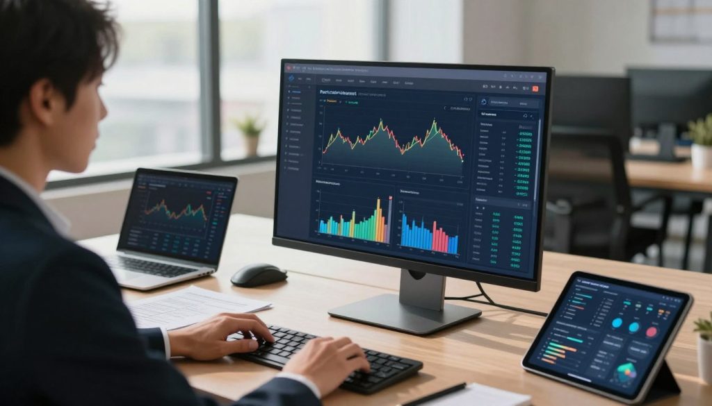A modern workspace featuring a sleek interface of portfolio management software displayed on a large, high-resolution monitor. In the foreground, a professional businessperson in smart attire is intently analyzing data on the screen, with graphs and interactive charts showcasing investment performance and asset allocation. The middle ground includes a stylish desk with financial documents, a laptop, and a digital tablet showing additional analytics. The background reveals a bright office space with large windows, casting natural light onto the scene, creating a warm and productive atmosphere. The lens captures the image from a slight angle, emphasizing the technology and sophistication of the software, while maintaining a sense of focus on the user’s engagement with the tools.
