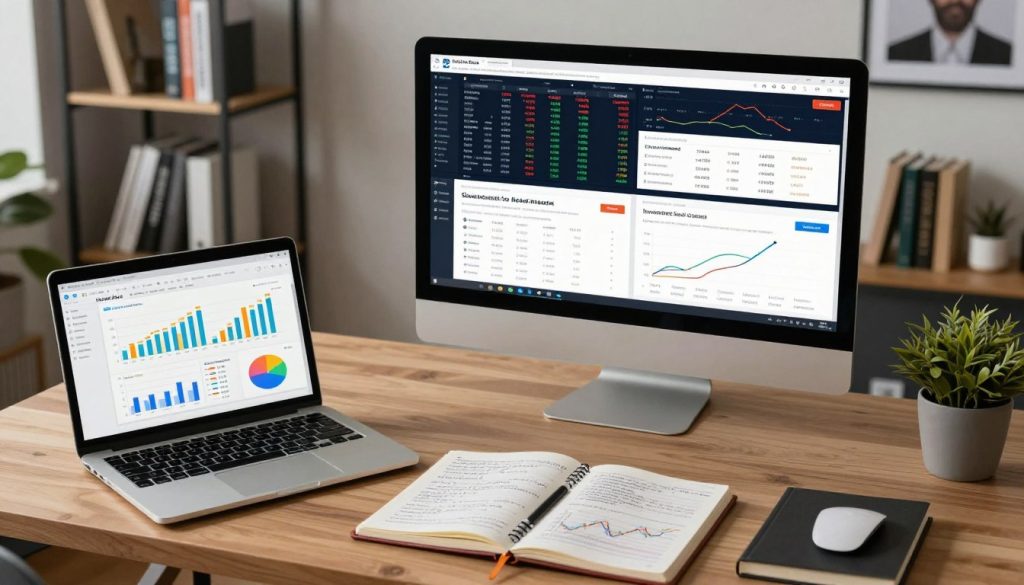 A modern workspace showcasing a side-by-side comparison of various investment research tools. In the foreground, a sleek laptop displays an analytical dashboard with colorful graphs and charts. Beside it, an open notebook with handwritten notes and financial reports. In the middle ground, a large monitor features a split screen of different investment platforms, each displaying stock prices and market trends. The background consists of a stylish office with shelves filled with business books and motivational posters. Soft, ambient lighting highlights the tools, creating a professional yet inviting atmosphere. Capture this scene from a slightly elevated angle, focusing on the tools while ensuring a sense of organization and clarity, evoking a mood of productivity and insight.