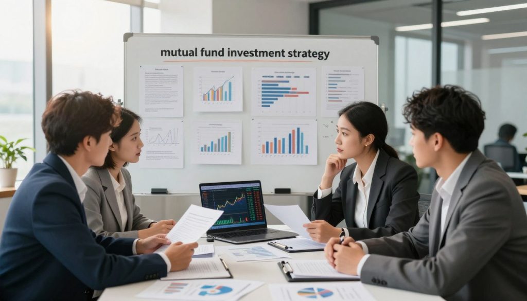 A professional workspace depicting a "mutual fund investment strategy." In the foreground, a diverse group of three individuals in business attire—two men and one woman—are engaged in a strategic discussion over a table filled with financial documents, charts, and a laptop displaying investment data. The middle area features a large whiteboard covered in strategic plan notes, graphs, and mutual fund performance indicators. The background shows a modern office setting with large windows letting in soft, natural light, casting a warm glow over the scene. The atmosphere is focused and collaborative, emphasizing preparation and thoughtful decision-making. The camera angle should give a slight bird's-eye view, capturing both the engaged individuals and the organized workspace, highlighting the theme of investment readiness.