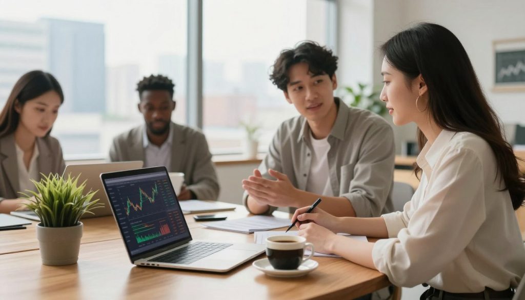 A serene and inviting workspace depicting a beginner investor’s journey. In the foreground, a wooden desk is neatly arranged with a laptop displaying investment charts, a potted plant, and a cup of coffee. In the middle ground, a diverse group of two professionals, a male and a female, are engaged in a discussion about investment options, both dressed in smart casual attire. The background showcases a large window with soft natural light streaming in, illuminating a city skyline. The atmosphere is optimistic and inspiring, capturing the essence of embarking on a financial journey. The scene is framed with a warm color palette, enhancing the mood of learning and growth.