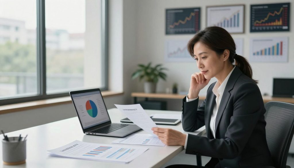 A serene office environment showcases a sleek, modern desk cluttered with financial reports and a laptop displaying a colorful pie chart representing low-risk ETFs diversification. In the foreground, a well-dressed professional, a middle-aged woman in business attire, is thoughtfully analyzing a document, with a confident expression. The middle layer features a large window letting in soft natural light, illuminating the room and casting gentle shadows. In the background, a wall adorned with framed images of stock market trends and graphs adds depth, symbolizing stability. The atmosphere is calm and focused, evoking an ideal setting for financial discussions on risk management in investments. The lens captures the scene from a slight angle, enhancing the professional atmosphere while emphasizing the subject’s engagement with low-risk ETF diversification.
