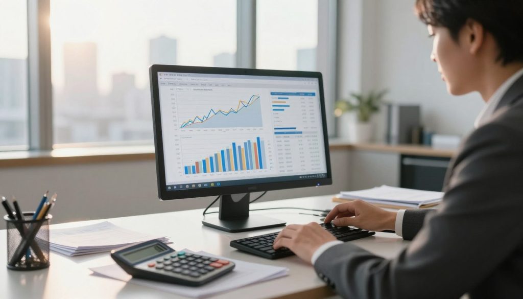 A serene office workspace with a focus on financial data, featuring a computer screen displaying graphs and charts illustrating low-volatility ETFs. In the foreground, a well-dressed professional in business attire analyzes the data, showcasing a sense of confidence and focus. The middle ground includes neatly arranged documents and a financial calculator. The background displays a window with a view of a city skyline under bright morning light, creating a warm and optimistic atmosphere. Soft, diffused lighting enhances the professionalism of the setting, highlighting the importance of informed investment decisions. A slight depth of field blurs the background to emphasize the subject and the digital data, providing a clear view of the investment options being explored.