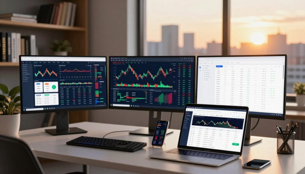 A sleek, modern workspace with multiple computer screens displaying colorful, dynamic stock screening tools and charts. In the foreground, a well-organized desk features a laptop open to a stock analysis webpage, alongside a smartphone showing stock prices. The middle layer reveals a large monitor with vibrant graphs, analytics, and a user-friendly interface of a stock screening software. The background shows a softly lit room with bookshelves filled with finance books and a large window offering a view of a bustling cityscape at sunset, casting warm golden light across the scene. The atmosphere is professional and focused, reflecting the analytical nature of investment research.