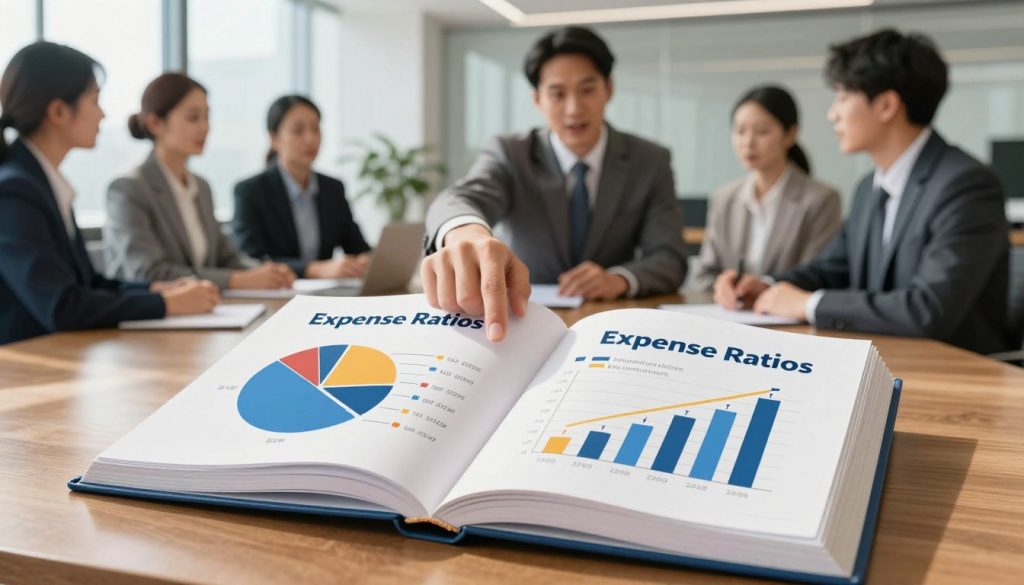 A visually engaging and informative illustration depicting a comparison of mutual fund fees. In the foreground, a large, open book lies on a polished wooden table, showcasing pie charts and bar graphs that represent various fees associated with mutual funds, like expense ratios and loads. In the middle ground, a well-dressed financial advisor, wearing a tailored suit, points at the graphs with a confident expression, surrounded by clients in business attire, attentively observing. The background features a modern office environment with large windows letting in natural light, casting soft shadows and creating a professional atmosphere. The overall mood is analytical yet approachable, emphasizing clarity and education in the financial realm, suitable for readers seeking to understand mutual fund expenses.