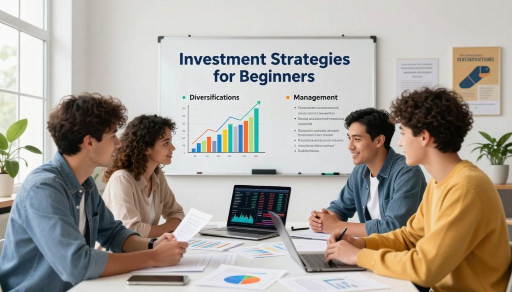 A visually engaging illustration of "Investment Strategies for Beginners." In the foreground, a diverse group of three individuals, including one man and two women, dressed in smart casual attire, are gathered around a table filled with financial documents, charts, and a laptop displaying stock market data. In the middle ground, a large whiteboard features colorful graphs and bullet points summarizing key investment concepts like diversification, risk management, and budgeting. The background showcases a bright, modern office setting with large windows letting in natural light, plants in the corners, and motivational posters on the walls. The mood is collaborative and optimistic, emphasizing learning and growth in personal finance. The composition captures a sense of focus and engagement, inspiring confidence in the journey of investing.