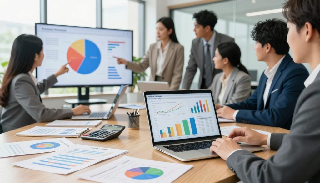 A visually engaging image depicting a diversified mutual fund portfolio scene. In the foreground, an open laptop displays colorful charts and graphs representing various asset classes—stocks, bonds, and real estate. On the table, several financial documents and a calculator are neatly arranged. In the middle ground, a diverse group of professionals in business attire collaborates, analyzing data on a large screen that showcases a pie chart illustrating an ideal portfolio balance. In the background, a modern office environment with large windows allows natural light to illuminate the scene, emphasizing a bright and optimistic atmosphere. The overall mood is focused and strategic, reflecting the complexities of managing investments for long-term growth.
