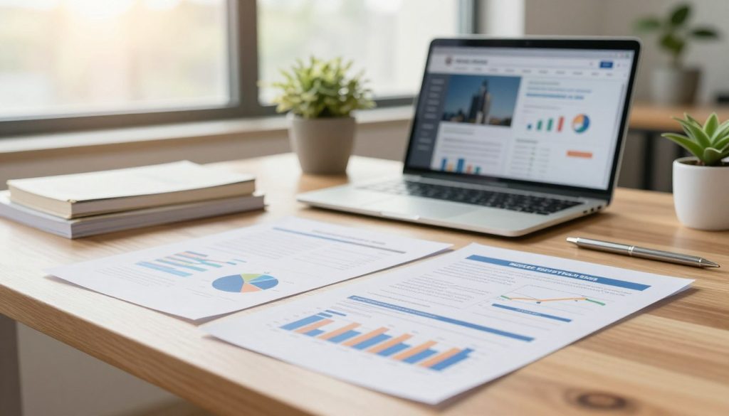 A visually engaging image depicting a serene office space with a wooden desk in the foreground, showcasing essential beginner investment options like stocks, bonds, real estate, and mutual funds represented by various well-organized documents and charts. In the middle ground, include a laptop open to an investment platform, partially visible financial books, and a potted plant for a touch of greenery. The background features a large window allowing natural light to flow in, illuminating the scene with a warm, inviting glow. Aim for a calm, professional atmosphere that reflects the excitement and clarity of starting an investment journey, using a shallow depth of field to keep the focus on the investment materials while softly blurring the background for a polished look.