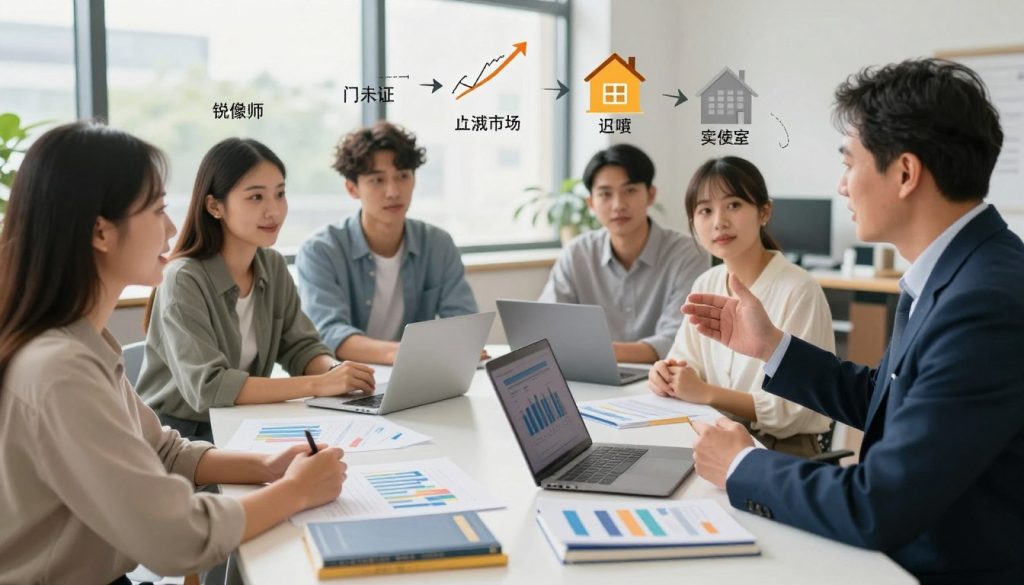 A visually engaging step-by-step guide to investment tips, featuring a professional setting. In the foreground, a neatly arranged desk displaying colorful charts, a laptop, and investment books. A well-dressed financial advisor, perhaps a middle-aged individual, is demonstrating concepts to a diverse group of attentive young adults in modest casual clothing. The middle ground features various stages of investment planning illustrated through graphical representations: savings, stock market, and real estate. In the background, a bright and inviting office environment with large windows letting in natural light, creating a warm atmosphere. The overall mood is focused and educational, conveying a sense of progression and clarity in learning investment fundamentals.