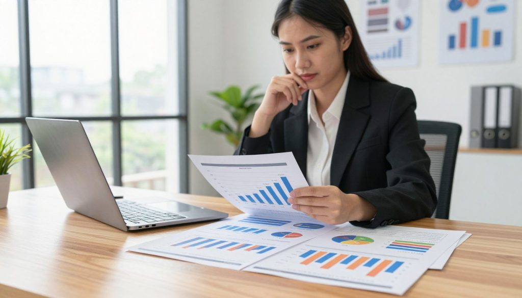 A well-organized financial report displaying mutual fund performance comparison. In the foreground, an elegant wooden desk with a sleek laptop, graphs, and colorful bar charts showcasing various mutual fund returns over time. In the middle, a professional businesswoman in formal attire analyzing the charts with a thoughtful expression. In the background, a bright office space with large windows allowing natural light to pour in, softly illuminating the scene. Subtle greenery and motivational financial posters enhance the business ambiance. The overall atmosphere is focused and analytical, reflecting an environment of careful investment decisions, ideal for a long-term financial strategy.
